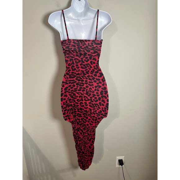 JLUXLABEL Womens Red Black Cheetah Leopard Print Ruched Bodycon Midi Dress Small - Picture 5 of 6